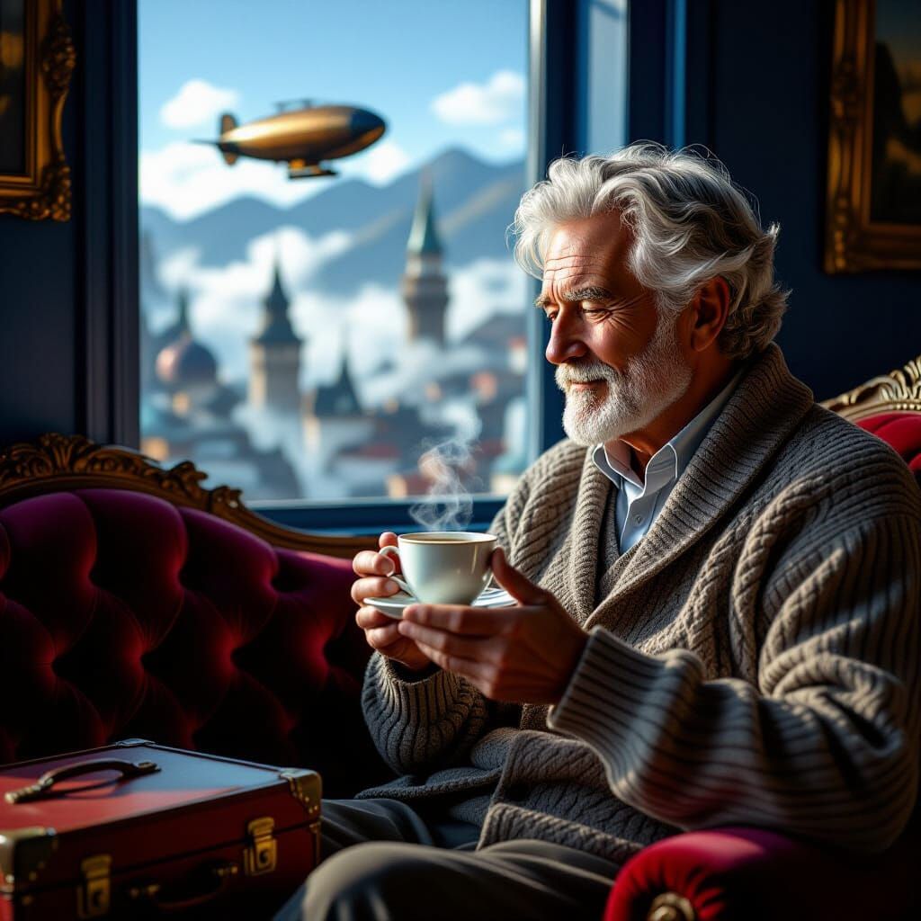 Elderly Man Cradles Tea in Cobalt Apartment