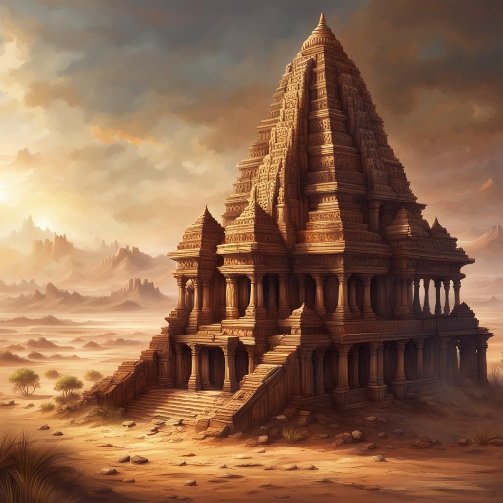 Ancient Hindu Temple Ruins in Desert: Digital Art