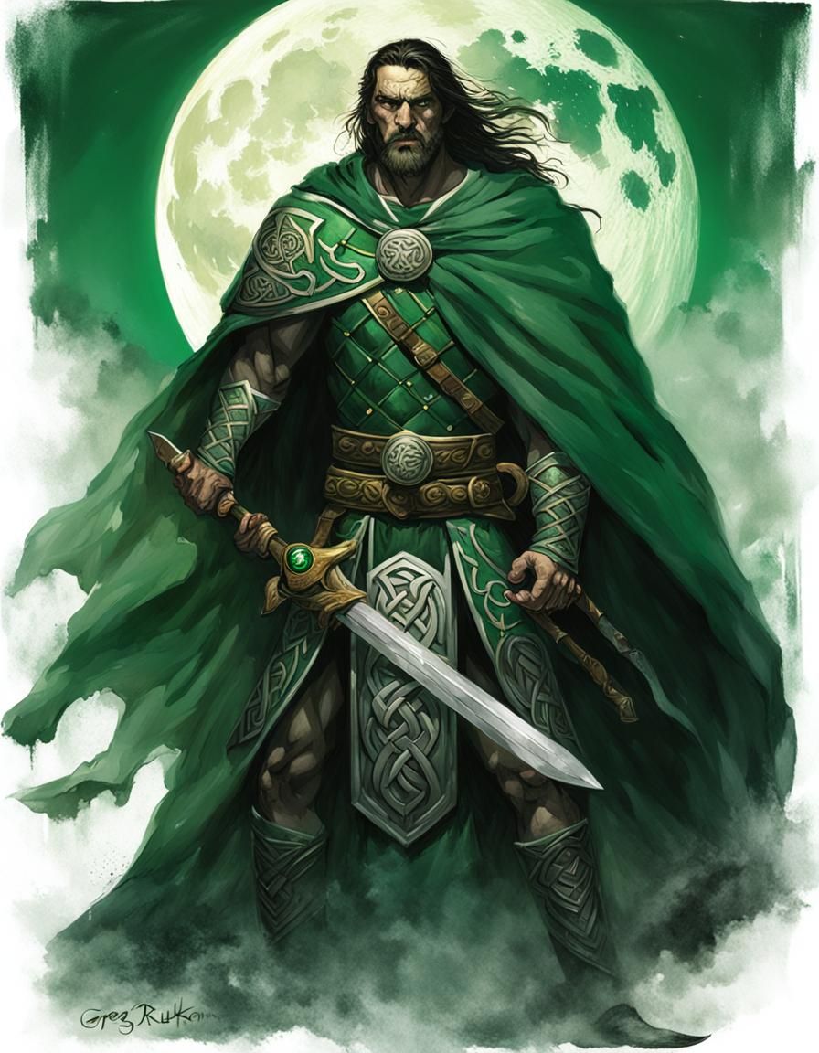 Celtic Warrior with Emerald Cloak Under Emerald Moon