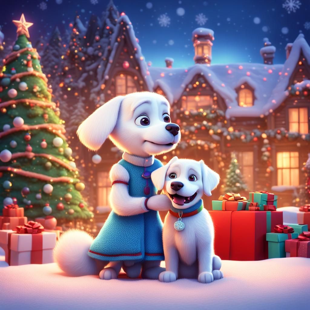 Girl and Dog Celebrate Christmas: Pixar Style
