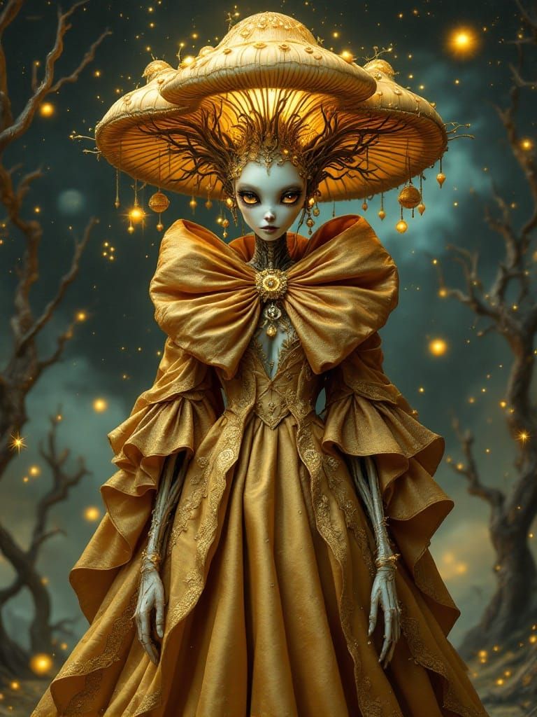 Surreal Mushroom Queen in Extravagant Golden Gown