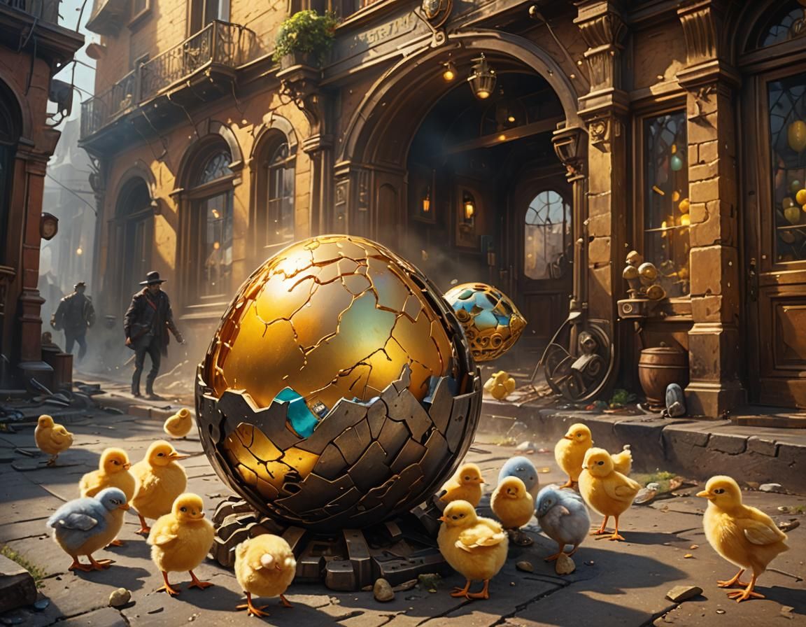 Golden Easter Egg with Chicks: Hyperrealistic Steampunk Art