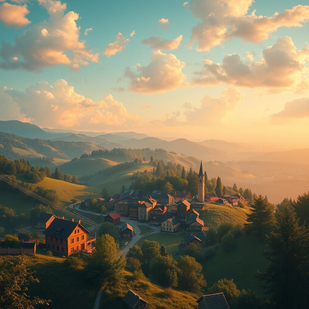 Idyllic Village and Distant Cityscape, Dreamlike Art