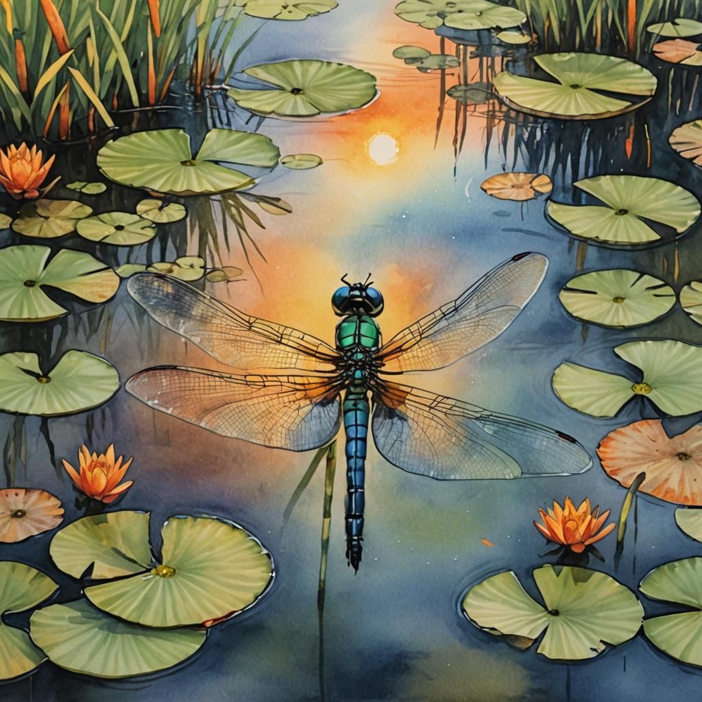 Dragonfly Gliding at Sunset: Watercolor Painting