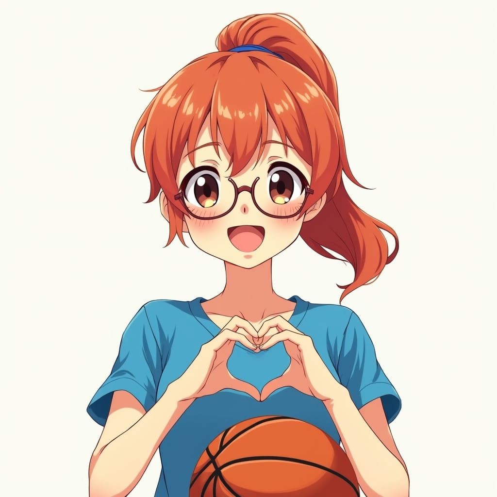 Vibrant Anime Girl Makes Heart Gesture with Basketball