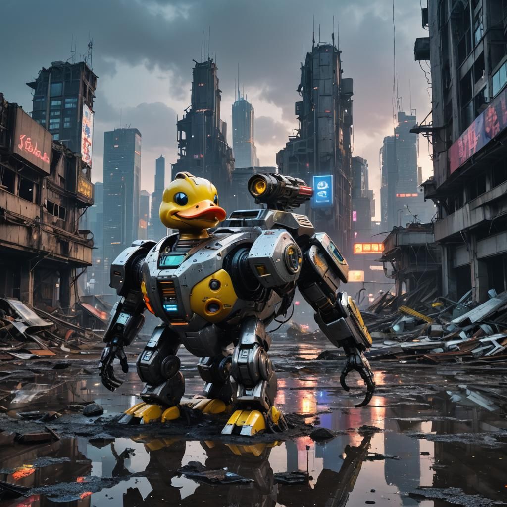 Giant Mecha Duck Victorious in Futuristic Cityscape