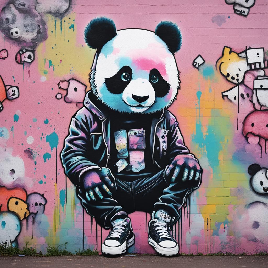 Pastel Goth Sanrio Panda Mural in Punk Grunge Style