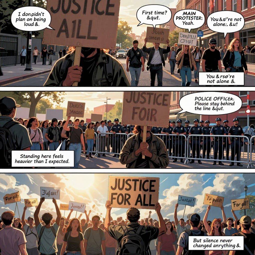 Comic Book Style Protest Scene with Dynamic Lighting
