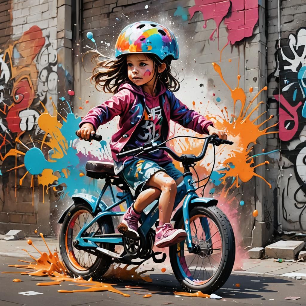 Girl on Bike in Graffiti Splash Art Style