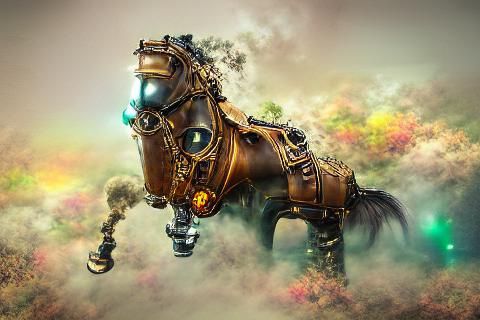 Steampunk Horse Galloping Through Floral Field