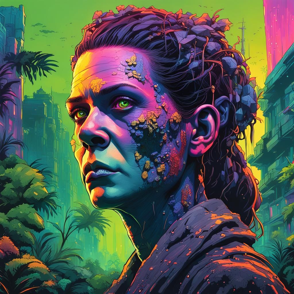 Lady Frankenstein Portrait in Neon Jungle City