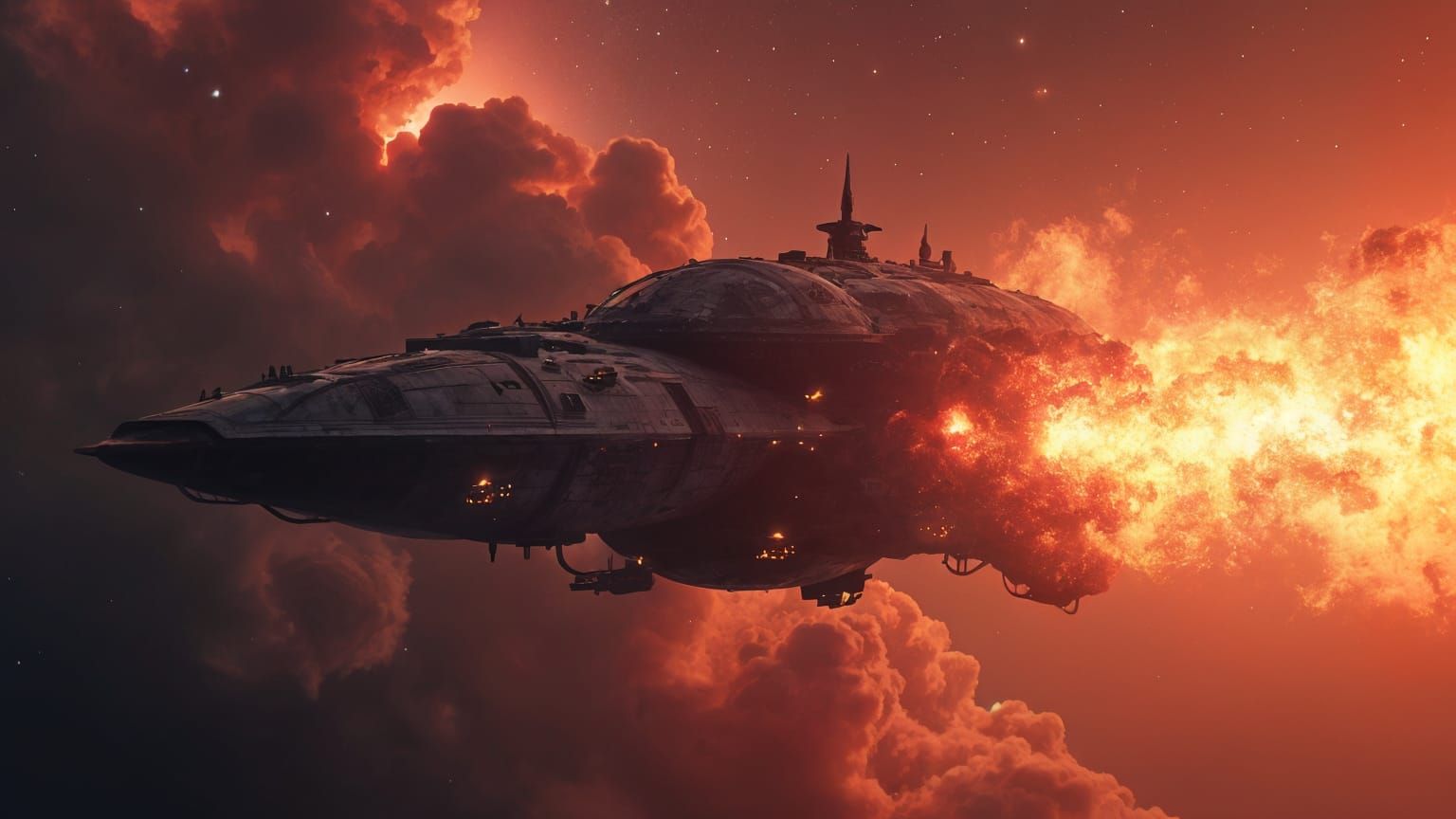 Fiery Space Station with Cosmic Horror