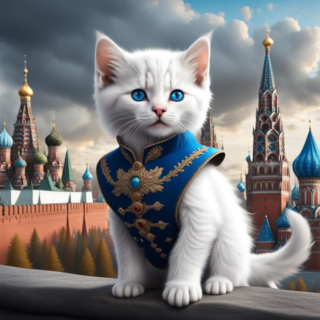 Kitten in Tsarist Outfit with Kremlin Background
