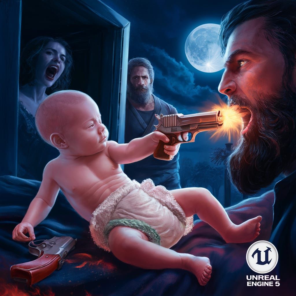 Surreal Fantasy: Baby with Pistol Shoots Bearded Man