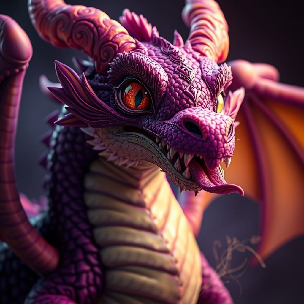 Cute Dragon with Tongue Out in Dark Fantasy Style