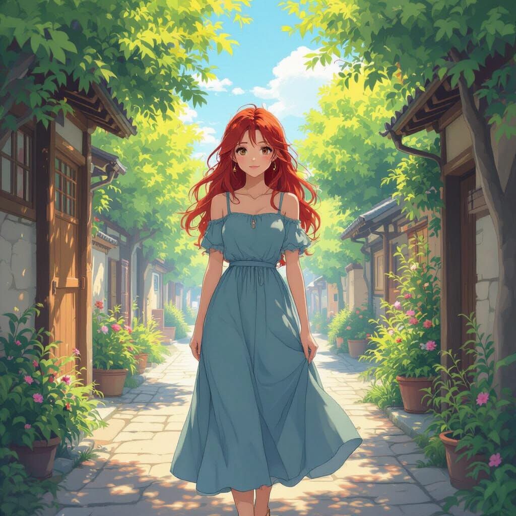 Anime Woman with Red Hair in Pastel Colors