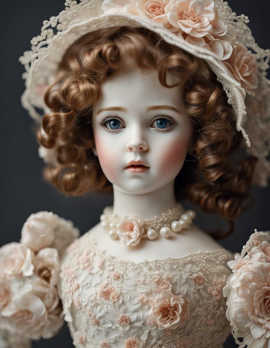 A porcelain doll with an intricate dress and porcelain face, high-quality, photorealistic, delicate collectible, still l...