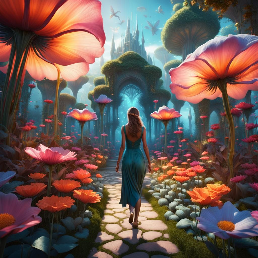 Woman in a Glowing Garden of Giant Flowers