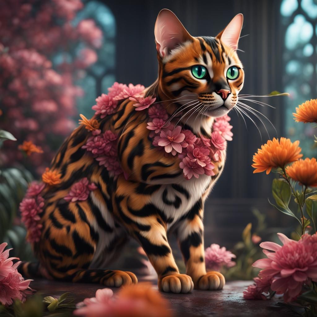 Floral Bengal Cat Detailed Digital Painting