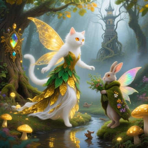 Enchanted Forest Cat Fairy with Bunny Companion