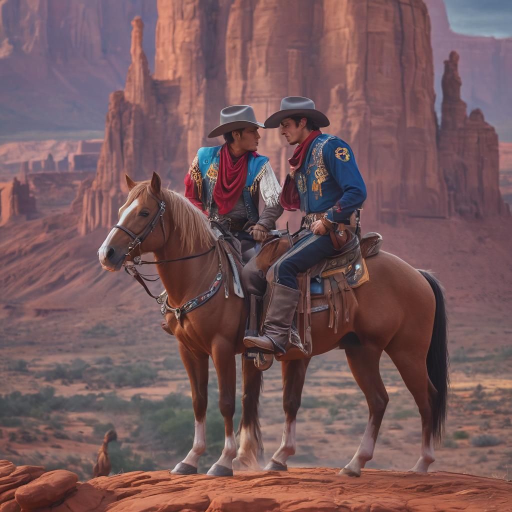 Gay Cowboy Couple Kiss in Monument Valley