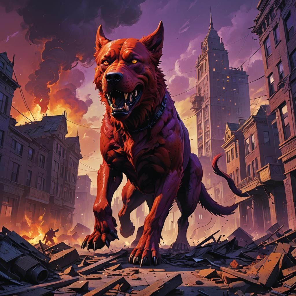 Giant Red Dog Destroys City: Dark Fantasy Art