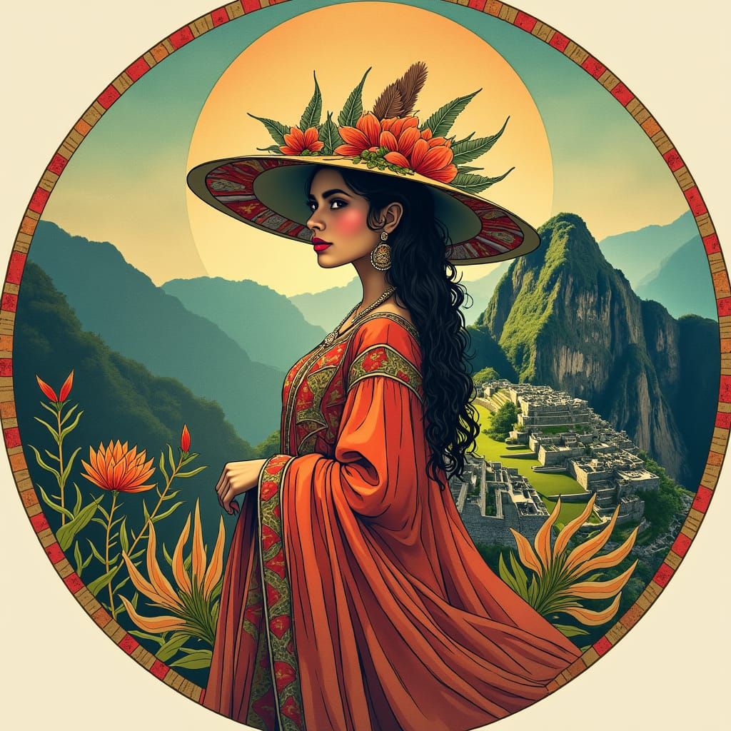 art nouveau motif boarders, art nouveau watercolor flowing lines and vibrant colors, circular, stylish Inca lady with ha...