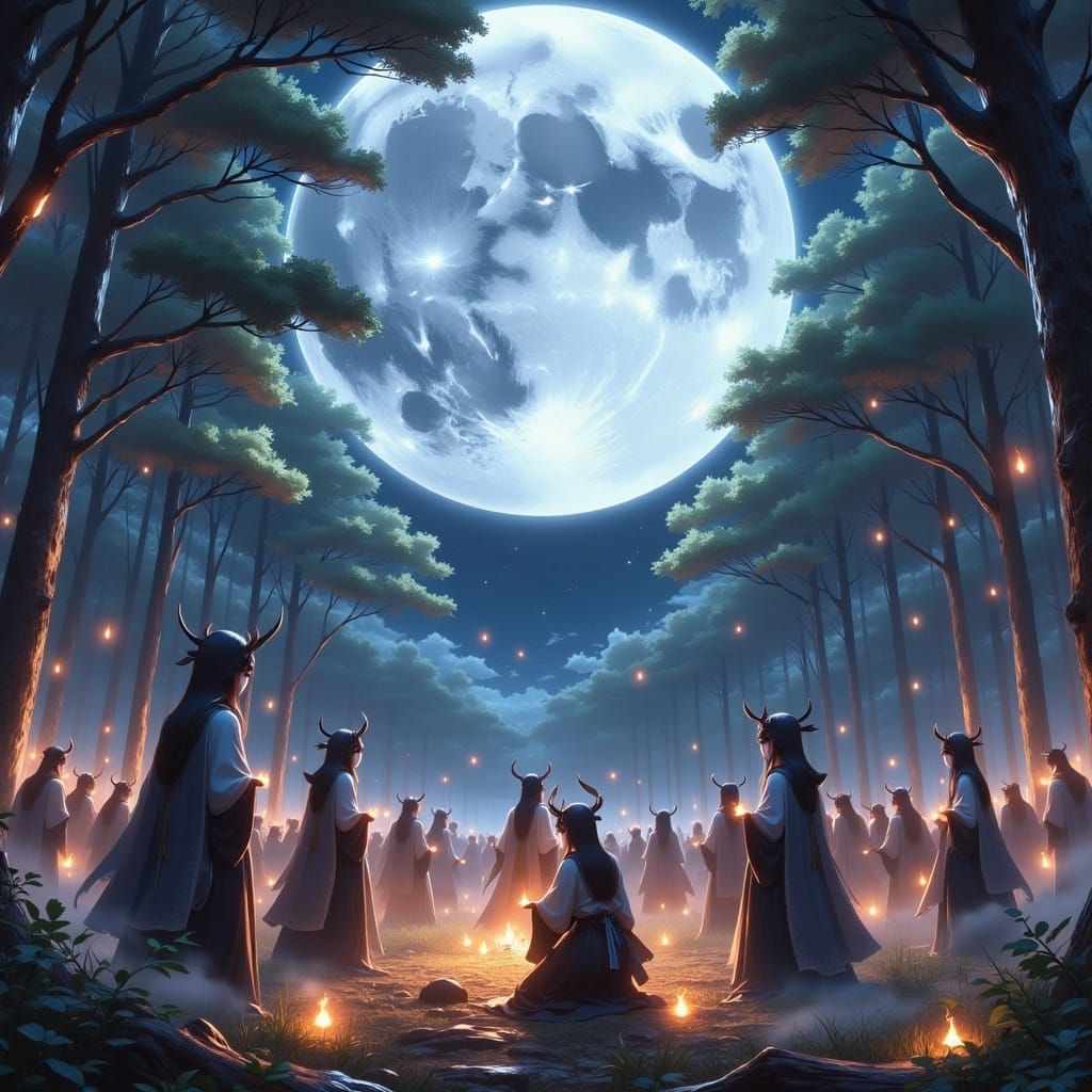 Mystical Forest Ritual Under Moonlight: Anime Art