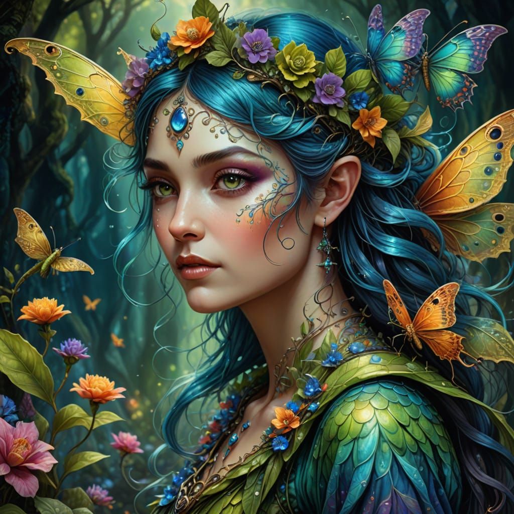 Surreal Fairy Woman in Chameleon Colors Oil Painting