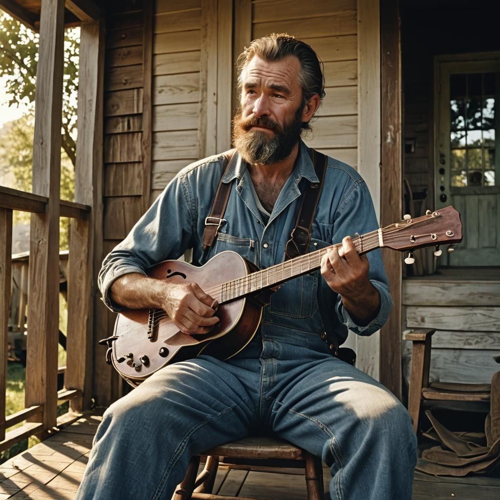 Hillbilly Man Plays Banjo in Cinematic Film Still