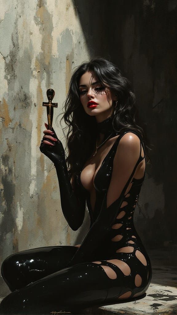 Elegant Woman in Black Latex, Lost in Contemplation