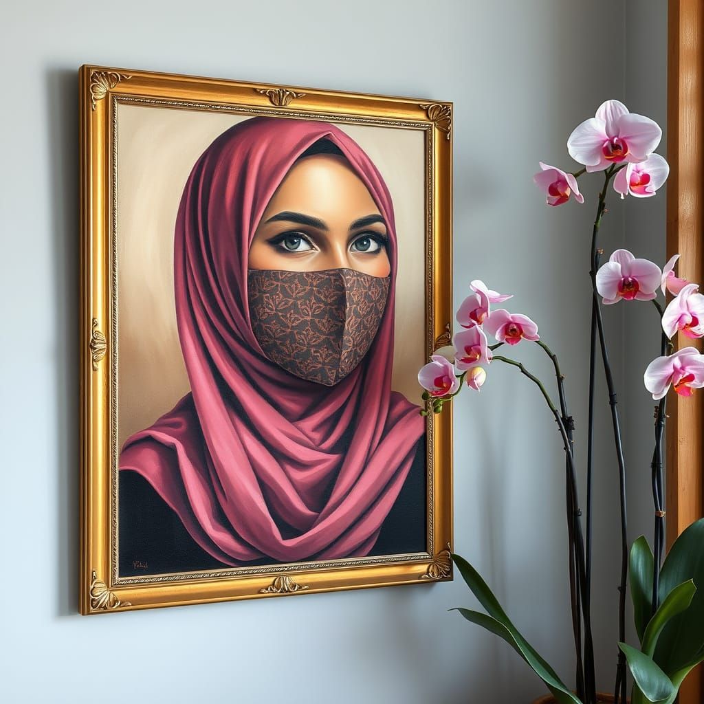 Elegant Hijabi Woman in Oil Painting with Orchids