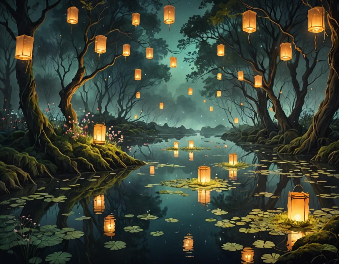 Bioluminescent River with Floating Lanterns in Watercolor