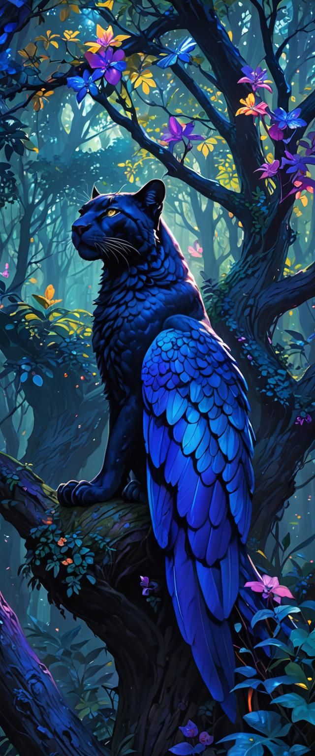 Winged Panther in Lush Forest: Fantasy Art