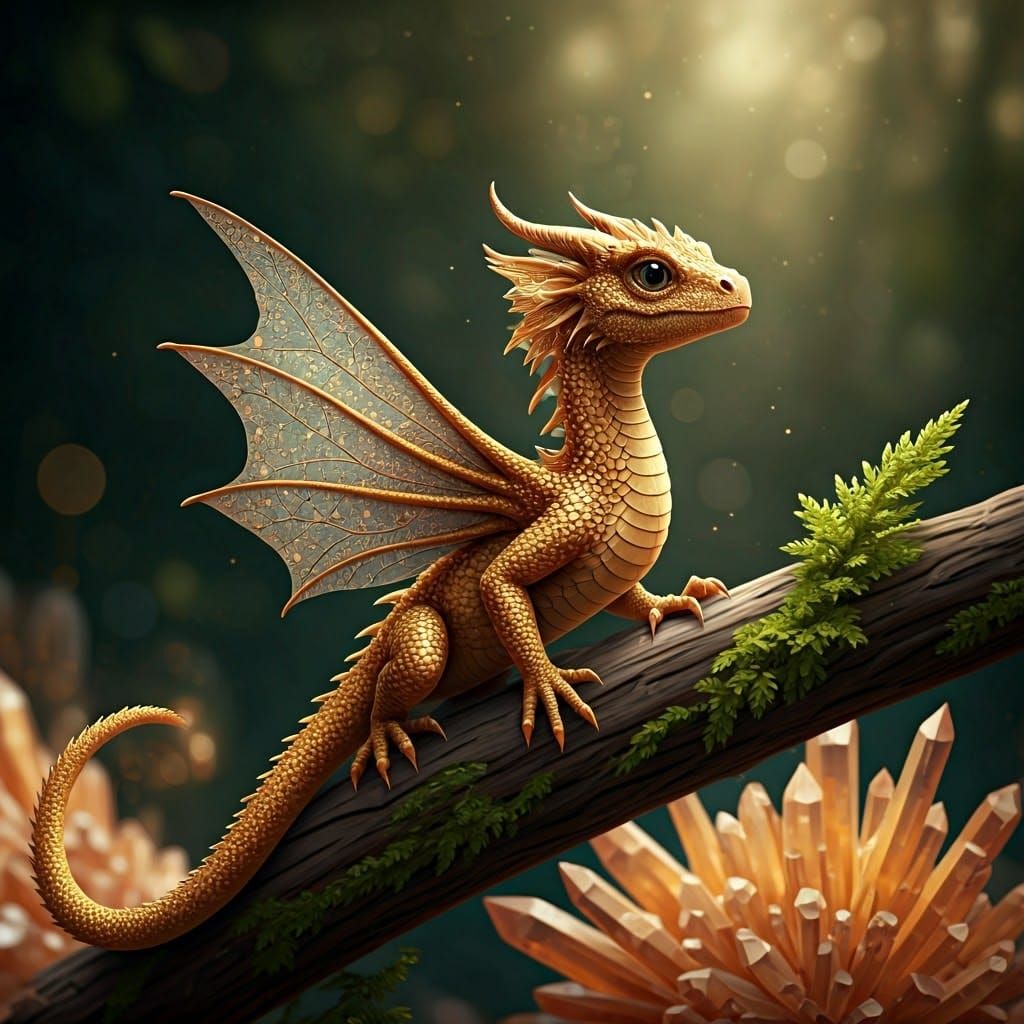 Golden Baby Dragon in Crystalline Forest