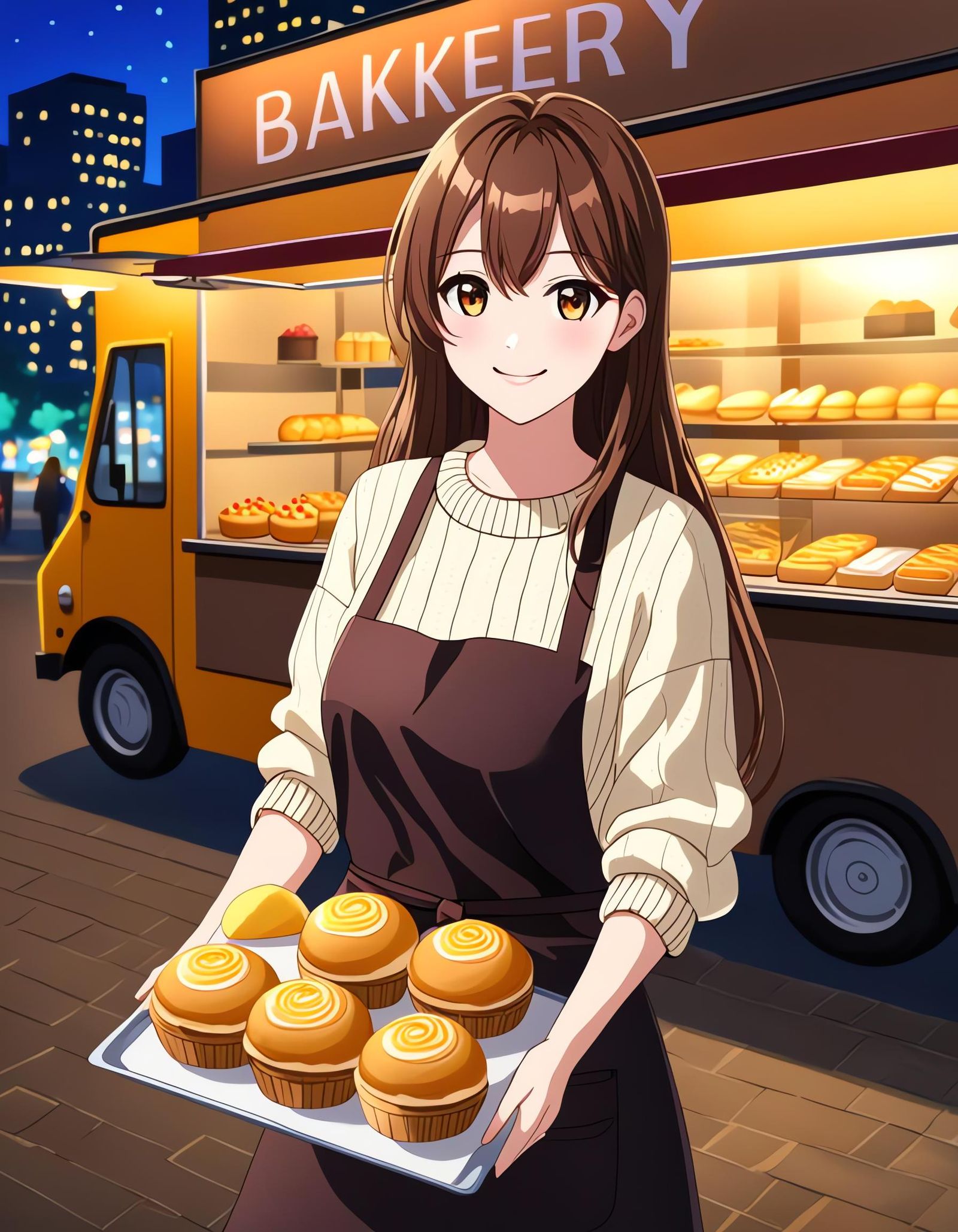 Girl in Knitted Sweater at Mobile Bakery