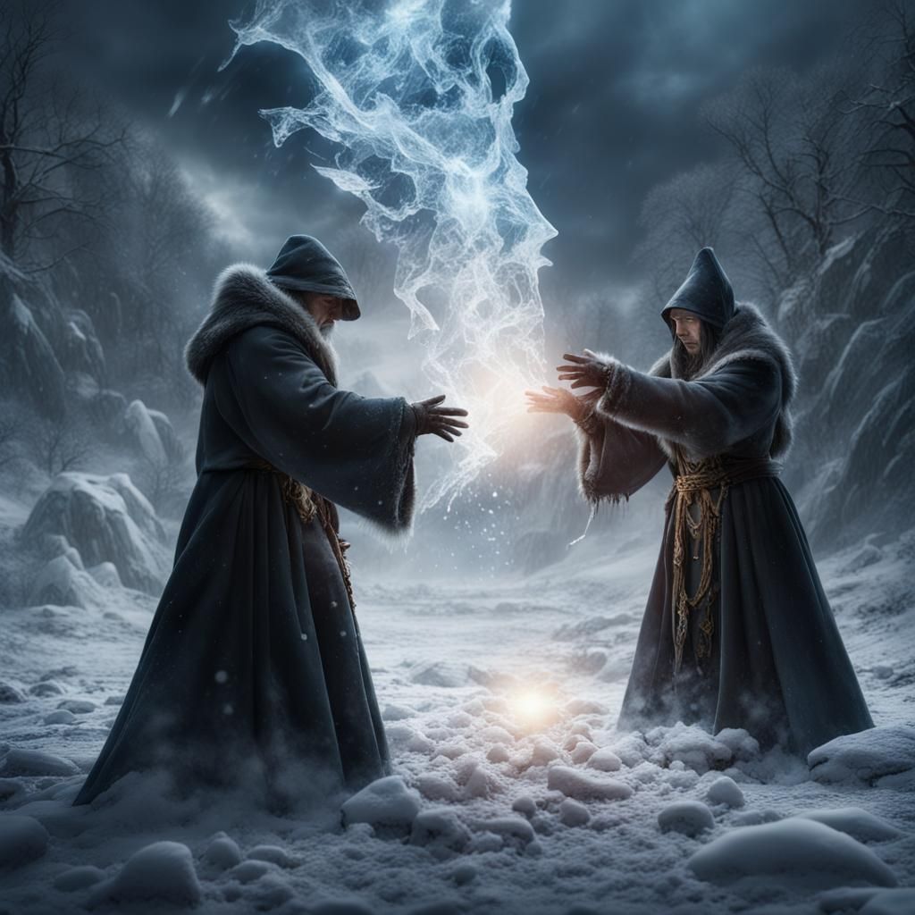 Sorcerers Battle with Ice Spells in Winter Snow