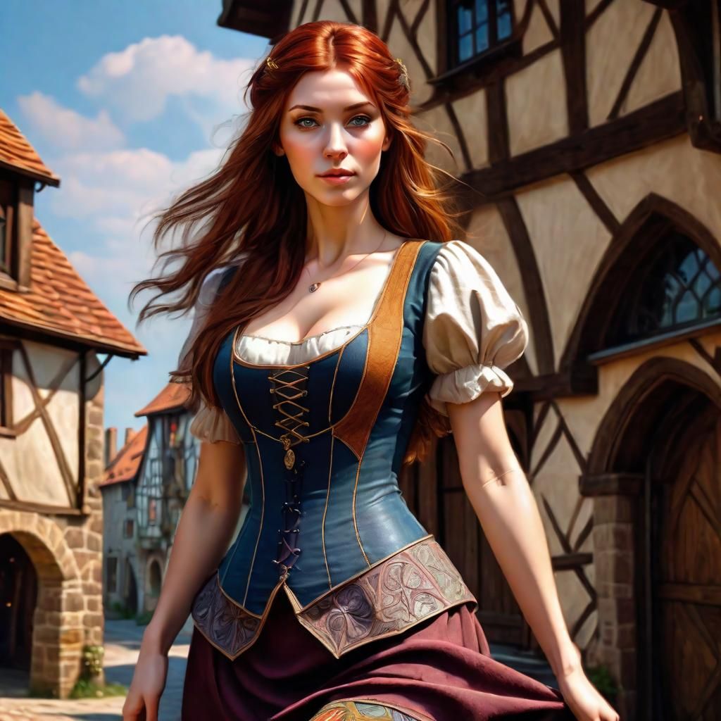 Auburn Haired Woman Portrait in Medieval Village