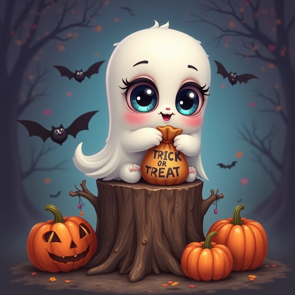 Cute Ghost with Candy on Tree Stump Halloween Art