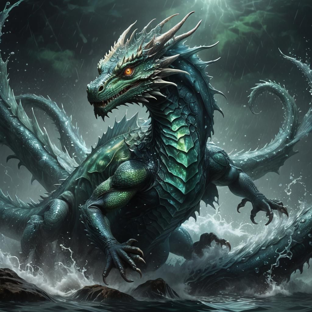 Majestic Water Dragon Emerges from Misty Depths