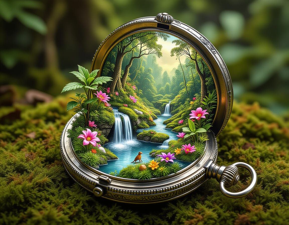 Miniature Jungle in Antique Pocket Watch, Haeckel Style