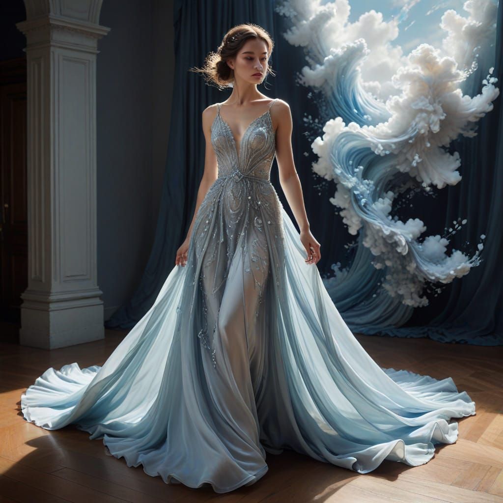 Ethereal Grey-Blue Haute Couture Gown with Beaded Lace and W...
