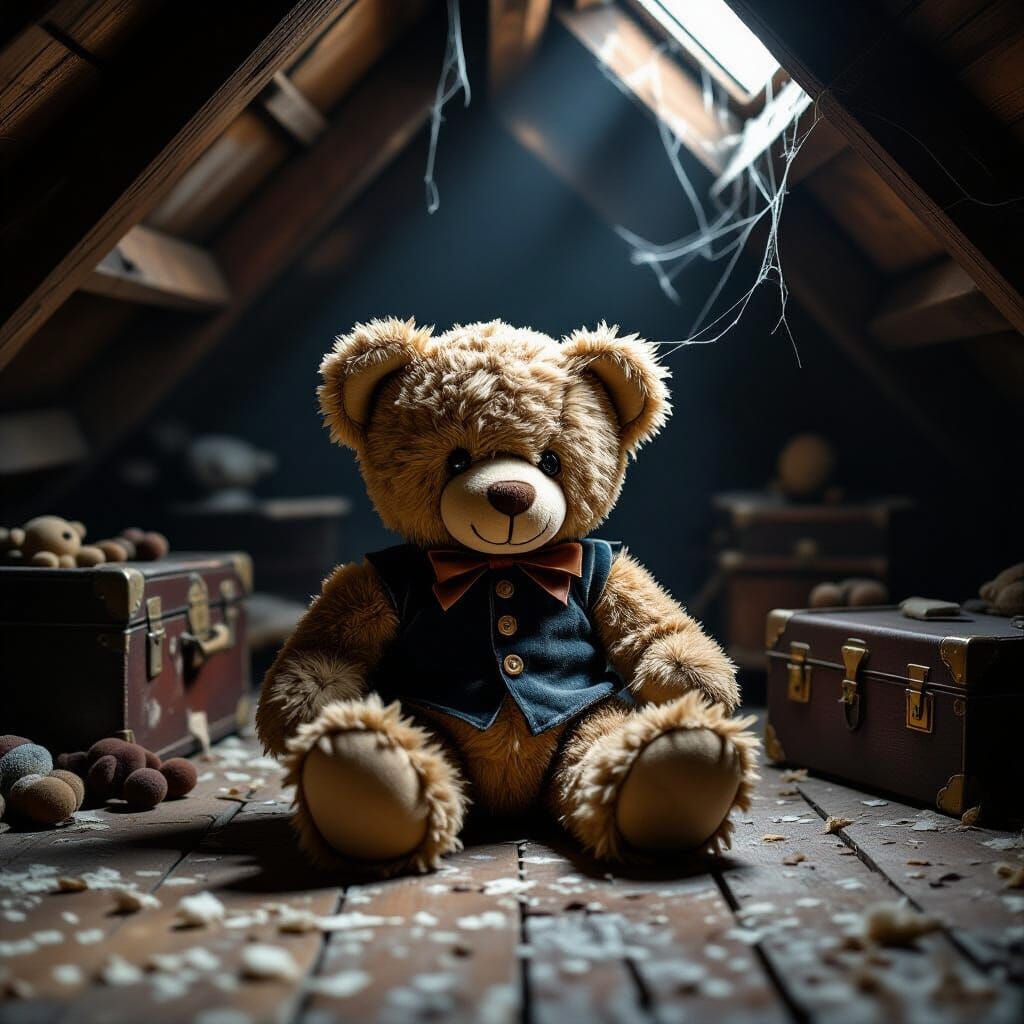 Tattered Teddy Bear in Dusty Attic: Gothic Moonlight Scene