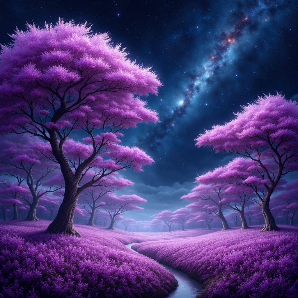 Cosmic Fantasy Landscape with Purple Flowers