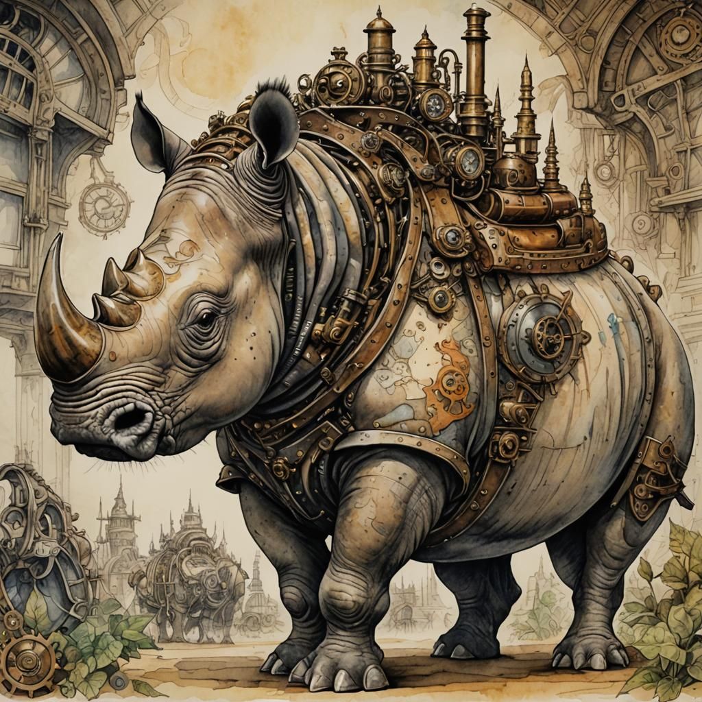 Steampunk Rhino in Watercolor and Ink