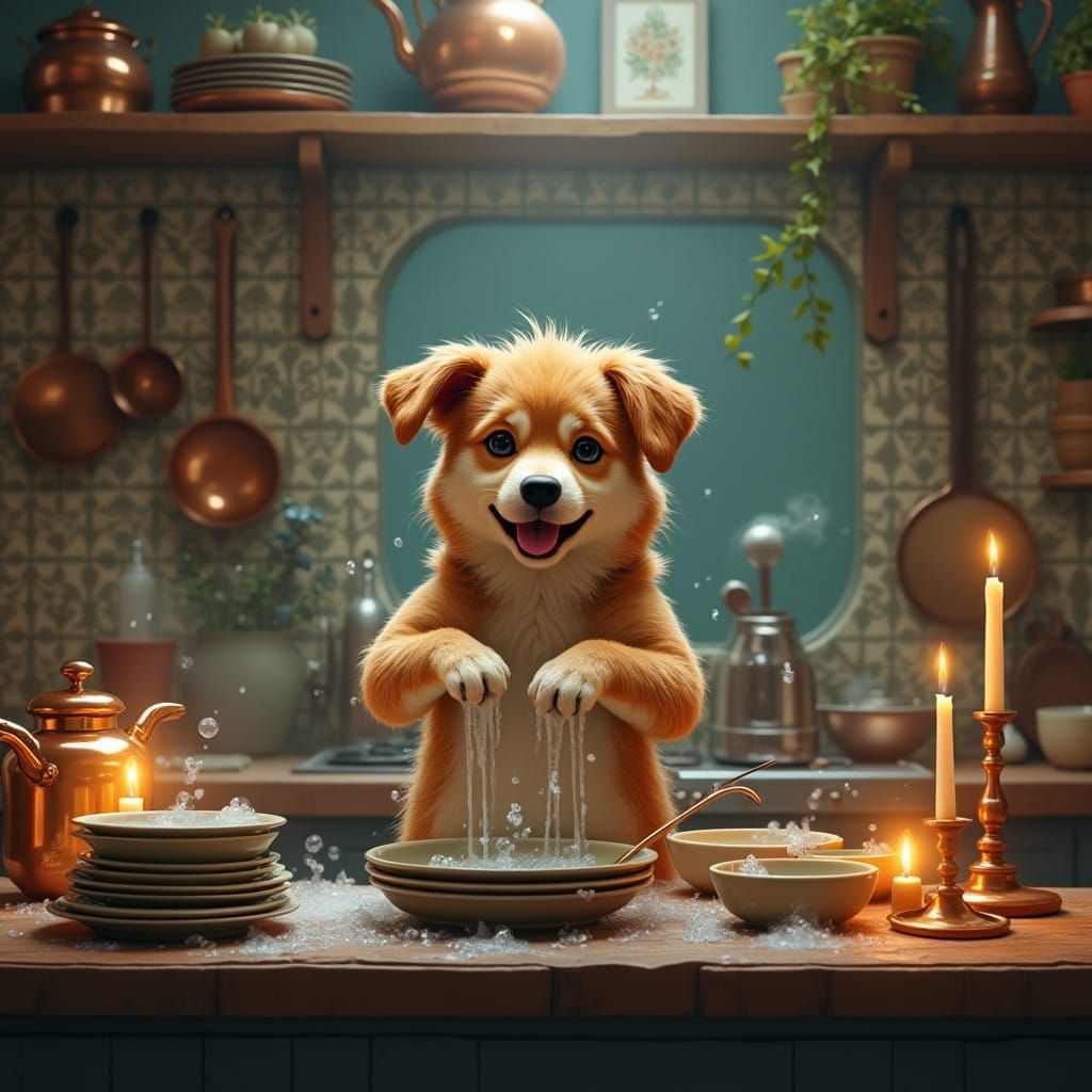 Dog in Whimsical Kitchen, Magical Dishes Scene