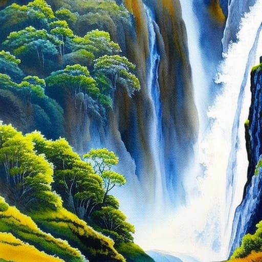 Watercolor Mountain Waterfalls: Hyperdetailed Creation