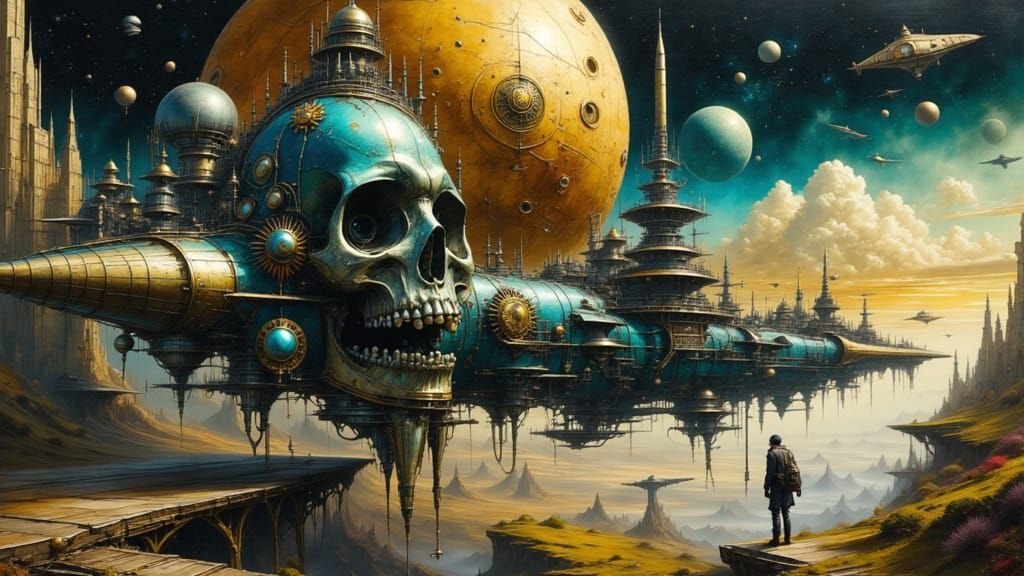 Steampunk Alien Battle Cruiser in Space