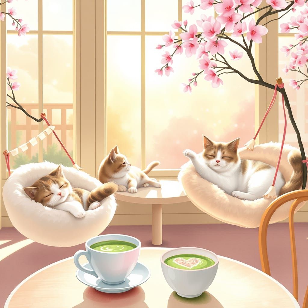 Whimsical Cat Café in Pastel Paradise with Cherry Blossoms