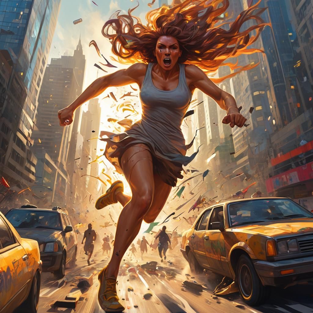 Giant Woman's Rampage in Futuristic Cityscape